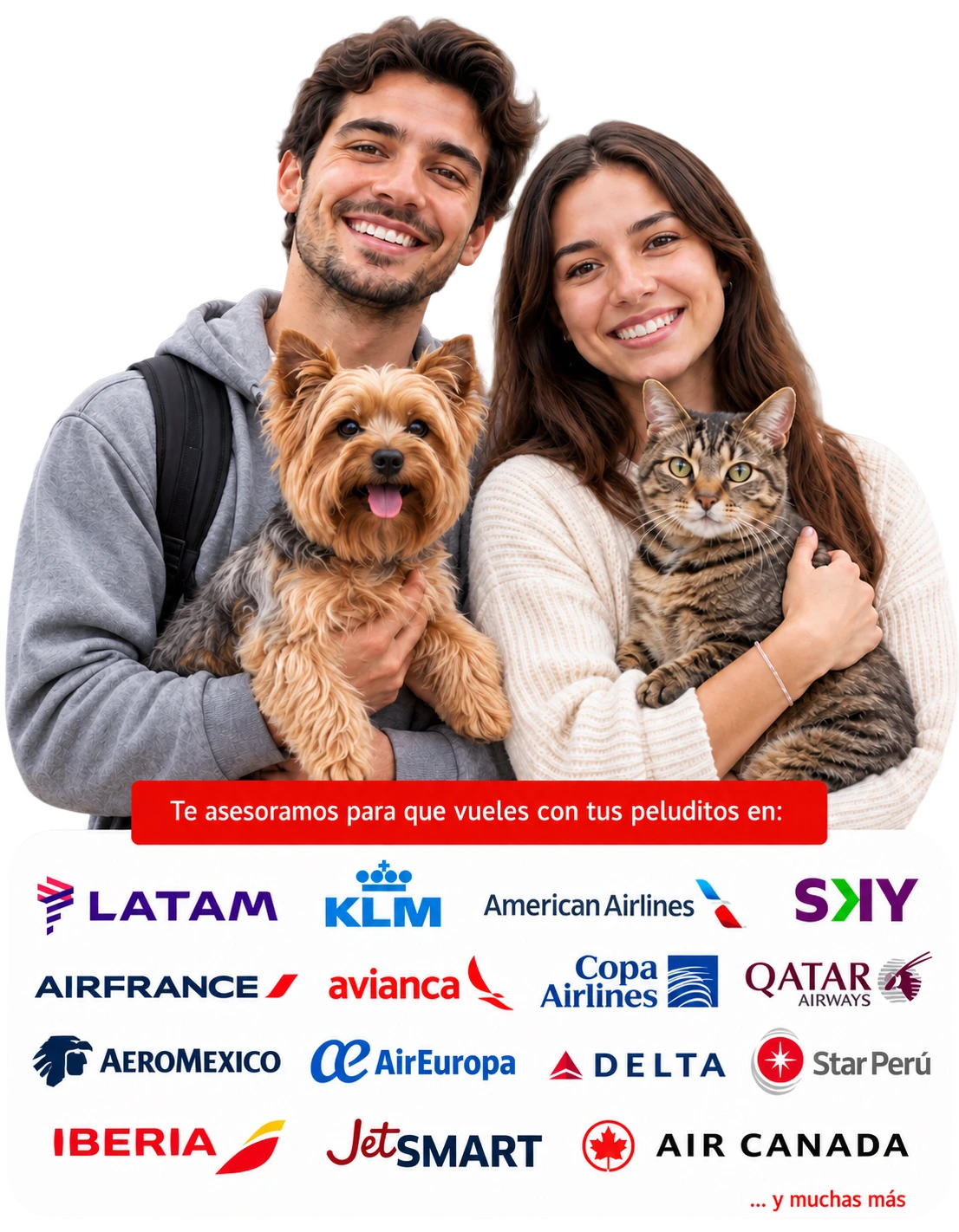 Una pareja abrazando a su perro y su gato, lista para una nueva aventura